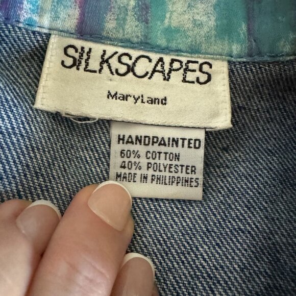 Silkscapes Jean Jacket Handpainted Cat Womens Vintage Artsy Patchwork Oversized - Picture 4 of 8